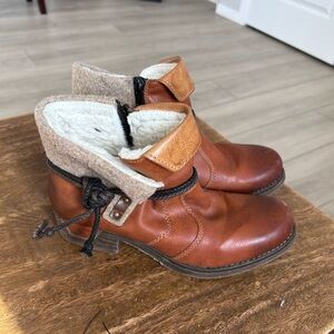 Rieker Tan Brown Leather Cozy Ankle Boots Women’s Size 38